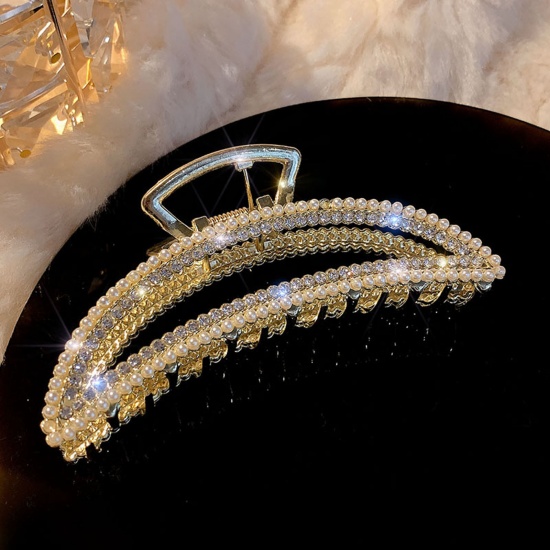 Immagine di Elegante Fermaglio per Capelli Oro Placcato Mezzo Tondo Trasparente Strass Imitata Perla 11cm , 1 Pz