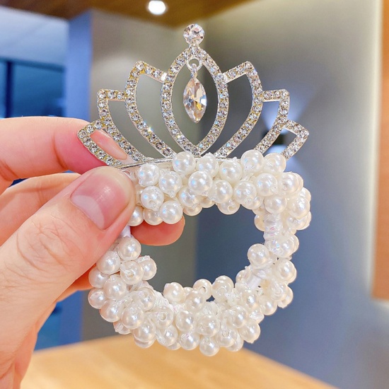 Bild von Acryl Niedlich Haarhalter Weiß Kaiserkrone Lotosblume Imitat Perle Transparent Strass 5cm D., 1 Stück