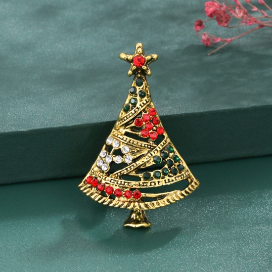 Bild von Exquisit Brosche Weihnachten Weihnachtsbaum Pentagramm Vergoldet Emaille Bunt Strass 4.6cm x 3cm, 1 Stück