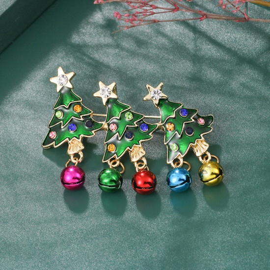 Bild von Exquisit Brosche Weihnachten Weihnachtsbaum Schelle Emaille Bunt Strass 5.7cm x 4.4cm, 1 Stück