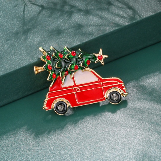 Bild von Exquisit Brosche Weihnachten Weihnachtsbaum Auto Vergoldet Emaille Rot Strass 3.4cm x 2.6cm, 1 Stück