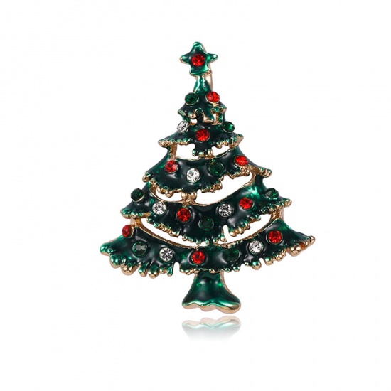 Bild von Exquisit Brosche Weihnachten Weihnachtsbaum Vergoldet Emaille Bunt Strass 4.2cm x 3.3cm, 1 Stück