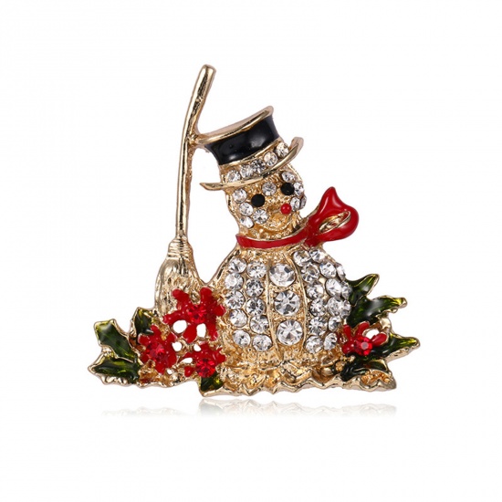 Immagine di Squisito Spilla Pupazzo Natale Scopa Oro Placcato Smalto Multicolore Strass 4.7cm x 4.7cm, 1 Pz