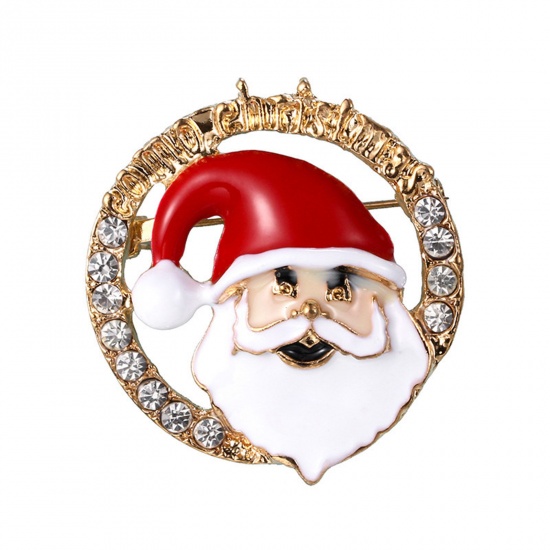 Bild von Exquisit Brosche Ring Weihnachten Weihnachtsmann Vergoldet Emaille Transparent Strass 3.6cm x 3.3cm, 1 Stück