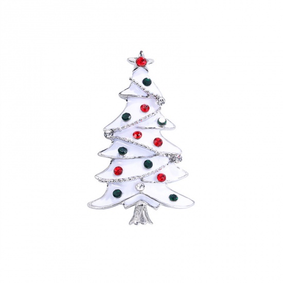 Immagine di Squisito Spilla Albero di Natale Tono Argento Bianco Smalto Multicolore Strass 5.3cm x 3.2cm, 1 Pz