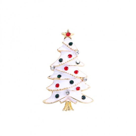 Immagine di Squisito Spilla Albero di Natale Oro Placcato Bianco Smalto Multicolore Strass 5.3cm x 3.2cm, 1 Pz