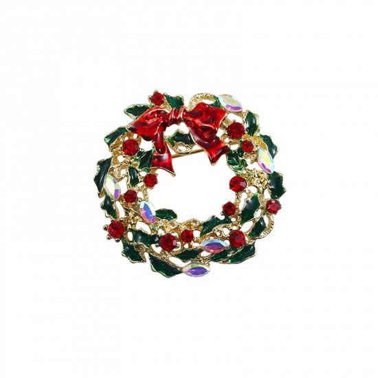 Immagine di Squisito Spilla Corona di Natale Oro Placcato Smalto Multicolore Strass 4.2cm x 4.2cm, 1 Pz