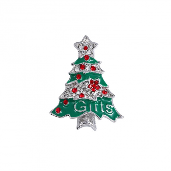 Bild von Exquisit Brosche Weihnachten Weihnachtsbaum Pentagramm Message " Gifts " Silberfarbe Grün Emaille Transparent & Rot Strass 4.1cm x 3.1cm, 1 Stück