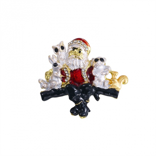 Immagine di Squisito Spilla Babbo Natale Coniglio Oro Placcato Multicolore Smalto Trasparente Strass 4.7cm x 4.2cm, 1 Pz