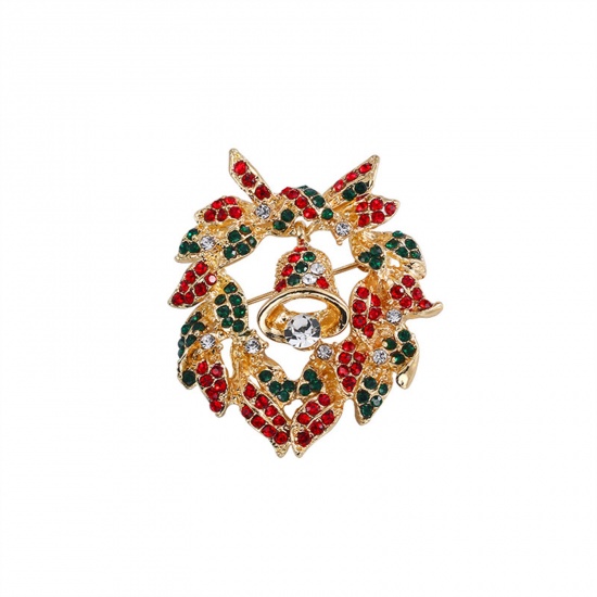 Immagine di Squisito Spilla Corona di Natale Sonaglio Oro Placcato Smalto Multicolore Strass 4.4cm x 3.9cm, 1 Pz