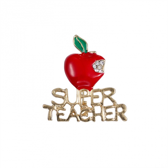 Immagine di Squisito Spilla Natale Mela Lettere " Super Teacher " Oro Placcato Rosso Smalto Trasparente Strass 4.3cm x 4cm, 1 Pz