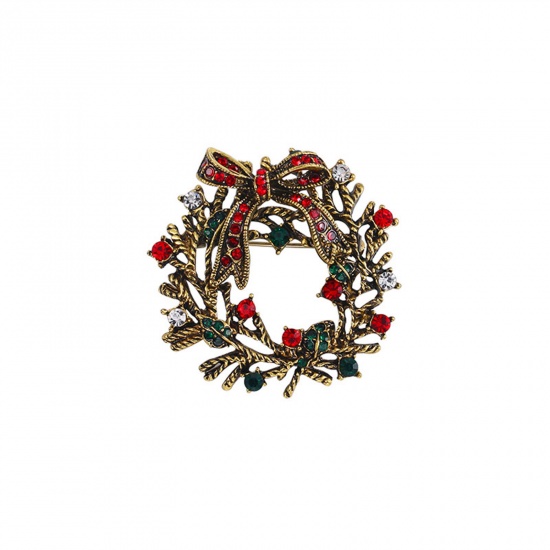 Immagine di Squisito Spilla Corona di Natale Oro Placcato Smalto Multicolore Strass 4.3cm x 4.2cm, 1 Pz