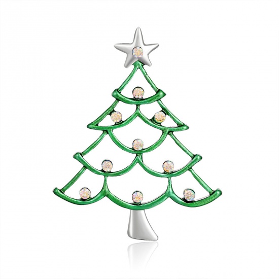 Imagen de Exquisito Pin Broches Árbol de Navidad Estrellas de cinco puntos Tono de Plata Esmalte Transparente Rhinestone 5.1cm x 4.5cm, 1 Unidad