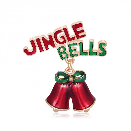 Imagen de Exquisito Pin Broches Cascabel Navidad Mensaje " Jingle Bells " Chapado en Oro Multicolor Esmalte 3.9cm x 3.5cm, 1 Unidad