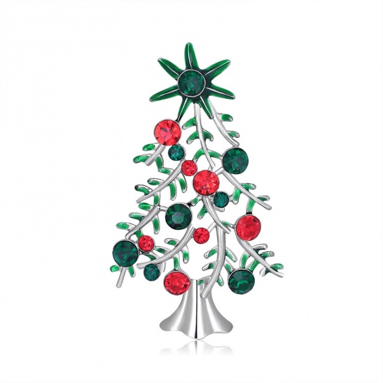 Imagen de Exquisito Pin Broches Árbol de Navidad Tono de Plata Esmalte Multicolor Rhinestone 6.8cm x 4cm, 1 Unidad