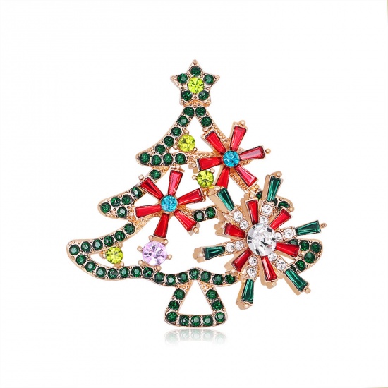 Imagen de Exquisito Pin Broches Árbol de Navidad Chapado en Oro Multicolor Rhinestone 4.3cm x 4.1cm, 1 Unidad