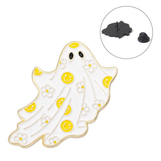 Imagen de Lindo Pin Broches Halloween Fantasma Sonríe Blanco & Amarillo Esmalte 30mm x 20mm, 1 Unidad