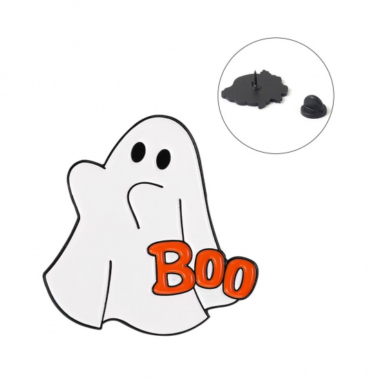 Imagen de Lindo Pin Broches Halloween Fantasma Blanco & Naranja Esmalte 3cm x 3cm, 1 Unidad