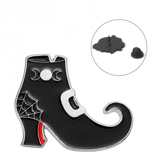 Imagen de Halloween Pin Broches Zapatos de Tacón Alto Halloween Telaraña Negro & Blanco Esmalte 27mm x 22mm, 1 Unidad
