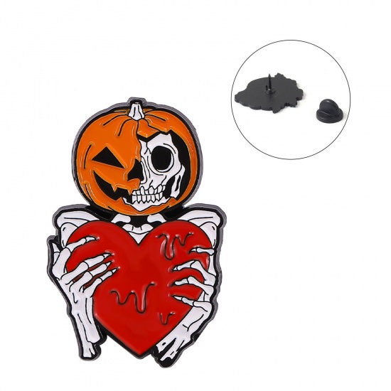 Imagen de Halloween Pin Broches Calabaza Esqueleto Humano Multicolor Esmalte 3cm x 1.9cm, 1 Unidad