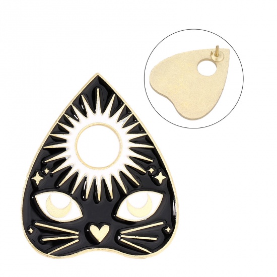 Picture of Punk Pin Brooches Heart Cat Black & White Enamel 29mm x 25mm, 1 Piece