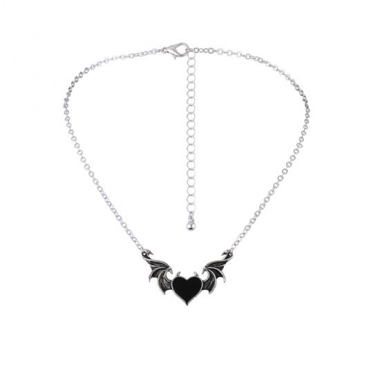 Imagen de Punk Collar con Colgante Tono de Plata Negro Corazón Ala Esmalte 46cm longitud, 1 Unidad