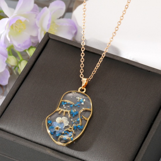 Imagen de Resina Artesanial Resina Flor Real Collar con Colgante Chapado en Oro Azul Cara Flor 50cm longitud, 1 Unidad