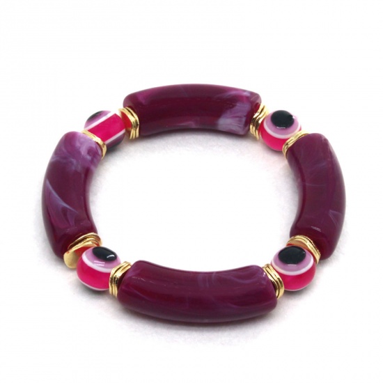Imagen de Resina Religión Dainty Bracelets Delicate Bracelets Beaded Bracelet Púrpura & Rojo Ciruela Tubo Curvado Mal de ojo Mensaje " Elástico " 7cm Dia, 1 Unidad