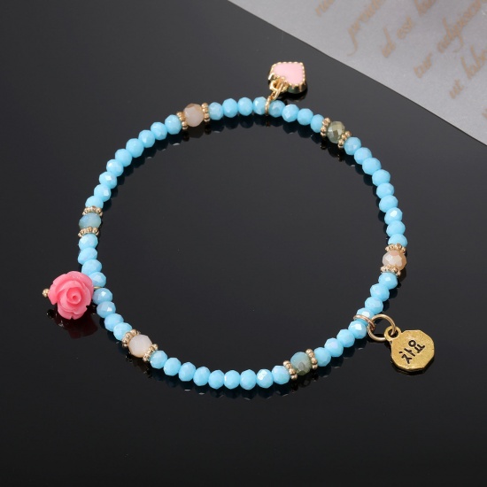 Bild von Muranoglas Böhmischer Stil Perlenarmband Azurblau Rose Herz Elastisch 16cm lang, 1 Strang