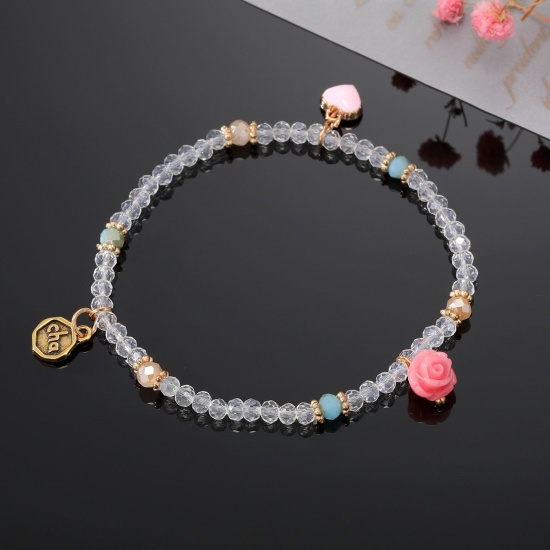 Bild von Muranoglas Böhmischer Stil Perlenarmband Transparent Rose Herz Elastisch 16cm lang, 1 Strang