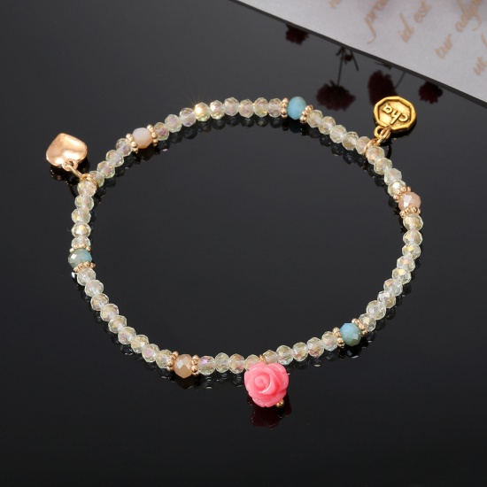 Bild von Muranoglas Böhmischer Stil Perlenarmband Hellgelb Rose Herz Elastisch 16cm lang, 1 Strang