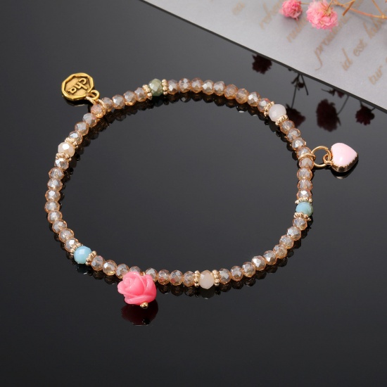 Bild von Muranoglas Böhmischer Stil Perlenarmband Braun Rose Herz Elastisch 16cm lang, 1 Strang