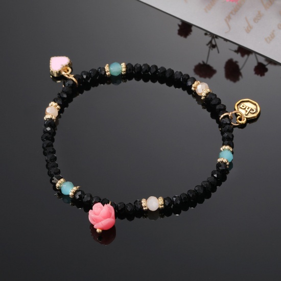 Bild von Muranoglas Böhmischer Stil Perlenarmband Schwarz Rose Herz Elastisch 16cm lang, 1 Strang