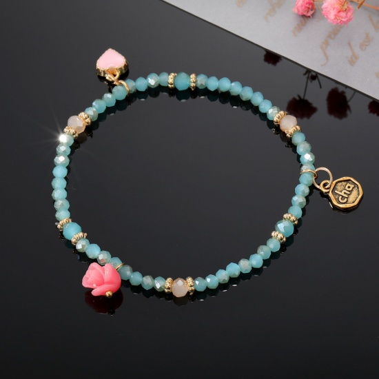 Bild von Muranoglas Böhmischer Stil Perlenarmband Blau Rose Herz Elastisch 16cm lang, 1 Strang