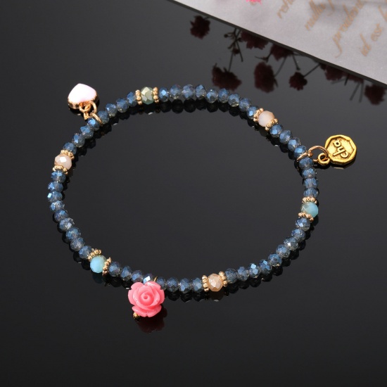 Bild von Muranoglas Böhmischer Stil Perlenarmband Dunkelblau Rose Herz Elastisch 16cm lang, 1 Strang
