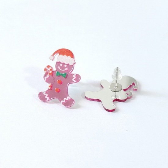 Picture of Acrylic Christmas Ear Post Stud Earrings Silver Tone Multicolor Christmas Ginger Bread Man 2.6cm x 1.8cm, 1 Pair
