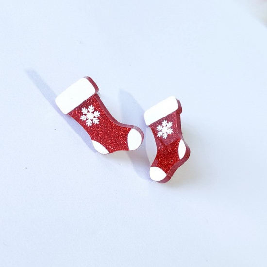 Immagine di Acrilato Natale Orecchini a Perno Tono Argento Bianco & Rosso Calza di Natale Fiocco di Neve 2.5cm x 1.5cm, 1 Paio