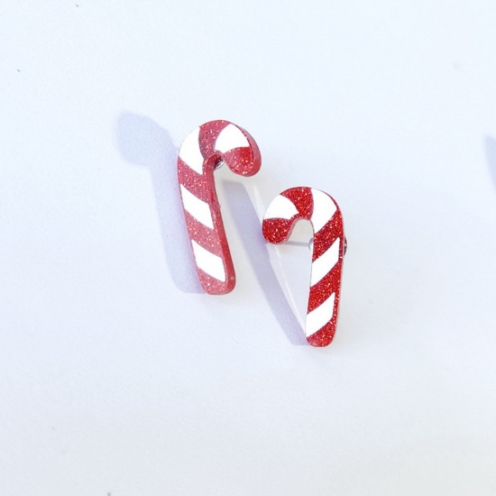 Immagine di Acrilato Natale Orecchini a Perno Tono Argento Bianco & Rosso Gruccia di Zucchero di Natale 2.6cm x 1.3cm, 1 Paio