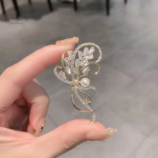 Bild von Exquisit Brosche Blumen Vergoldet Imitat Perle Transparent Strass 5.3cm x 3.5cm, 1 Stück