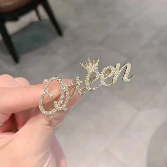 Bild von Exquisit Brosche Kaiserkrone Message " Queen " Vergoldet Transparent Strass 5.3cm x 2cm, 1 Stück