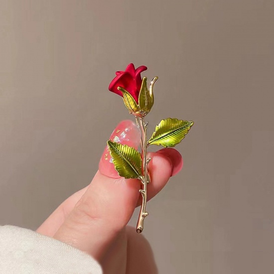 Bild von Exquisit Brosche Rose Vergoldet Rot & Grün Spritzlackierung 5.8cm x 2.9cm, 1 Stück