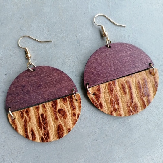Imagen de Madera & Cuero Auténtico Bohemia Pendientes Gancho Tono de Plata Marrón Claro Ronda Textura 5.8cm x 4cm, 1 Par