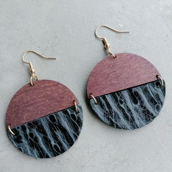 Imagen de Madera & Cuero Auténtico Bohemia Pendientes Gancho Tono de Plata Azul Oscuro Ronda Textura 5.8cm x 4cm, 1 Par