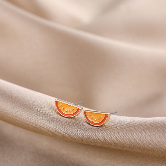 Bild von Niedlich Ohrring Ohrstecker Orange Halbrund Wassermelone Emaille 1cm x 0.7cm, 1 Stück