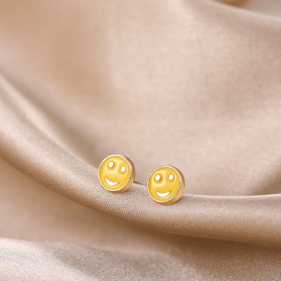 Bild von Niedlich Ohrring Ohrstecker Gelb Rund Lächeln Emaille 1cm x 0.7cm, 1 Stück