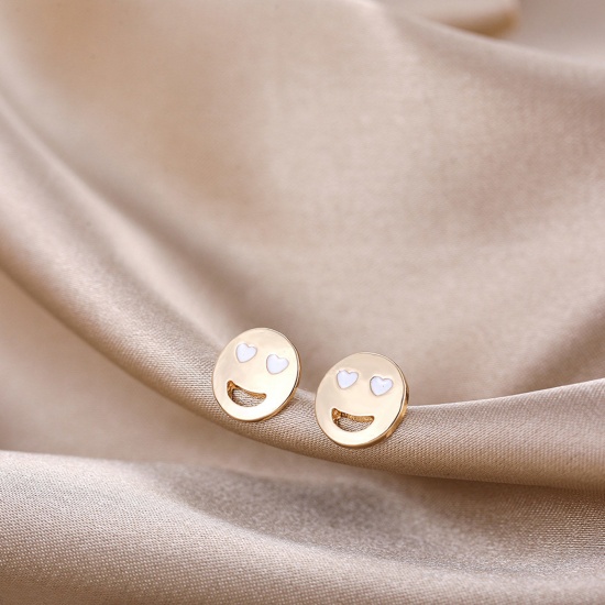 Bild von Niedlich Ohrring Ohrstecker Golden Rund Lächeln Emaille 1cm x 0.7cm, 1 Stück