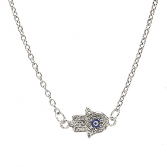 Immagine di Religione Collana con Ciondolo Tono Argento Palmo Trasparente Strass 40cm Lunghezza, 1 Pz