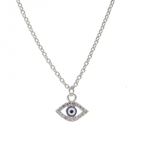 Immagine di Religione Collana con Ciondolo Tono Argento Malocchio Trasparente Strass 40cm Lunghezza, 1 Pz