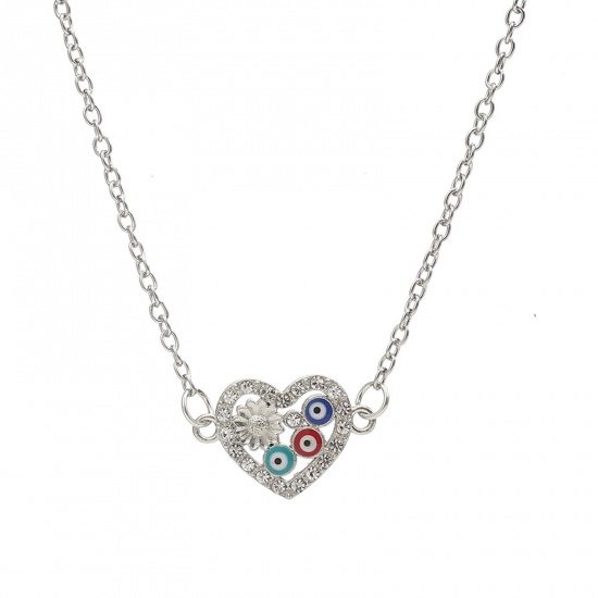 Immagine di Religione Collana con Ciondolo Tono Argento Cuore Malocchio Trasparente Strass 40cm Lunghezza, 1 Pz