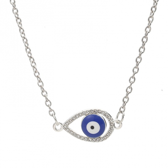 Immagine di Religione Collana con Ciondolo Tono Argento Ovale Malocchio Trasparente Strass 40cm Lunghezza, 1 Pz